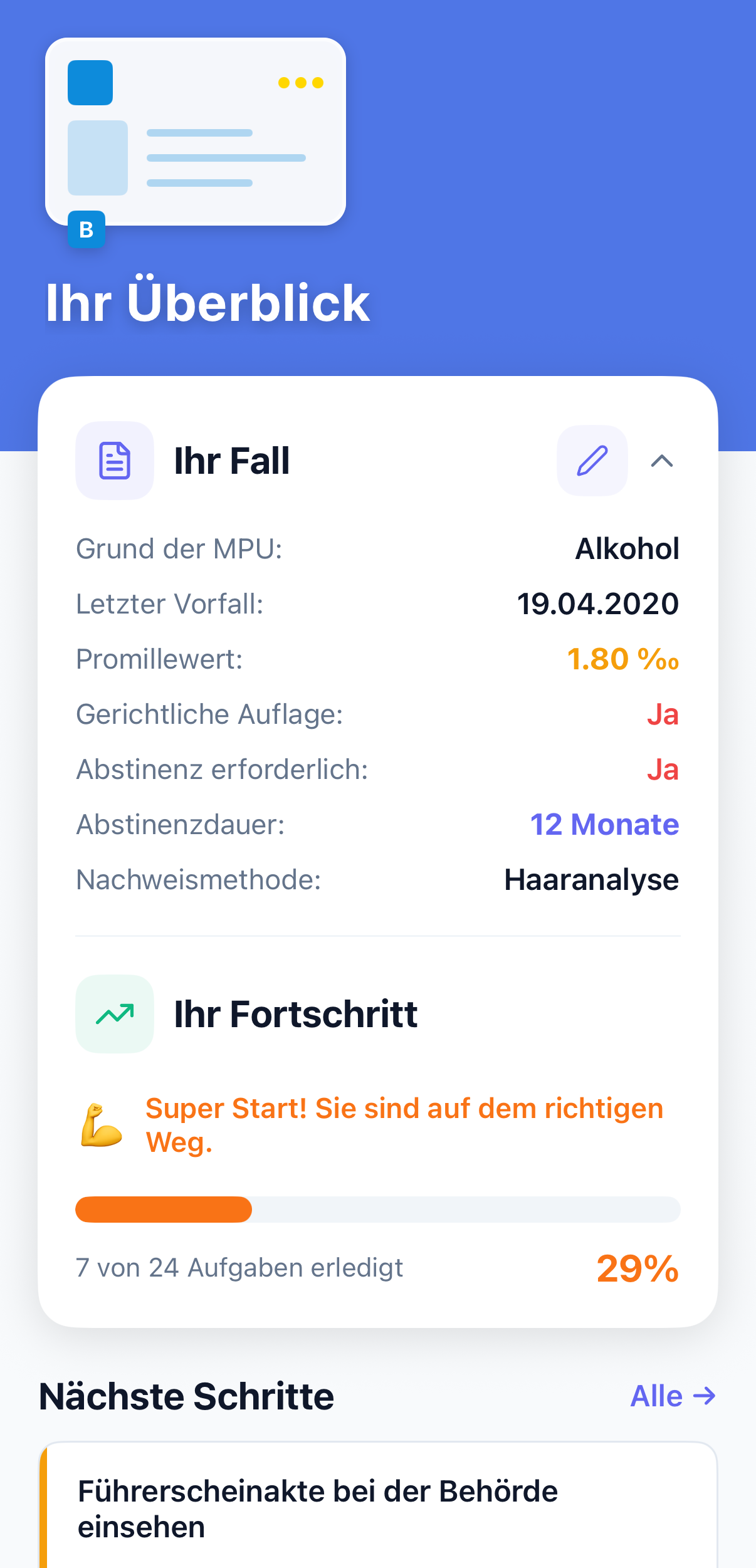 Dein persönlicher MPU-Überblick mit Fortschrittsanzeige