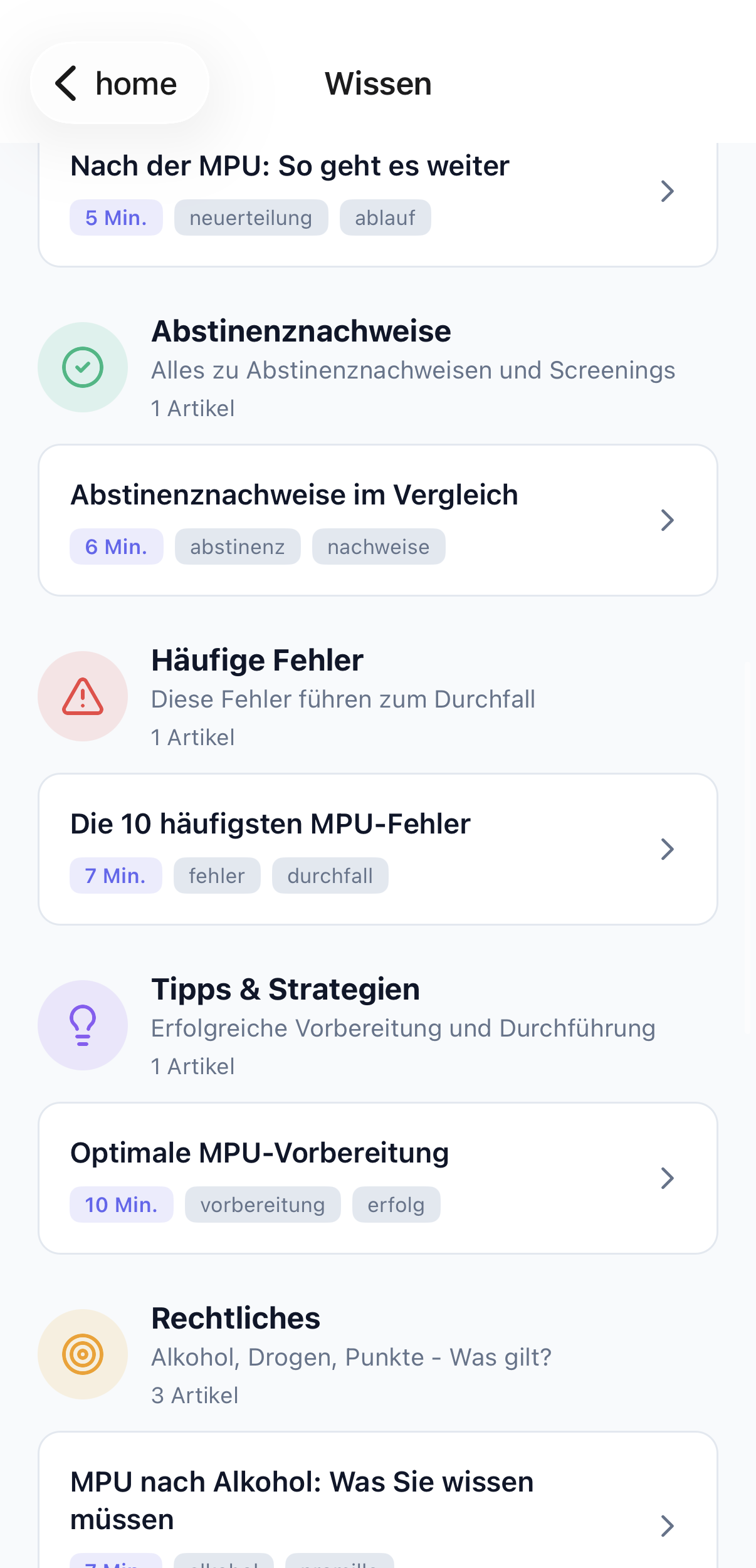 Wissensdatenbank mit Artikeln zu MPU-Ablauf, Abstinenznachweisen und häufigen Fehlern