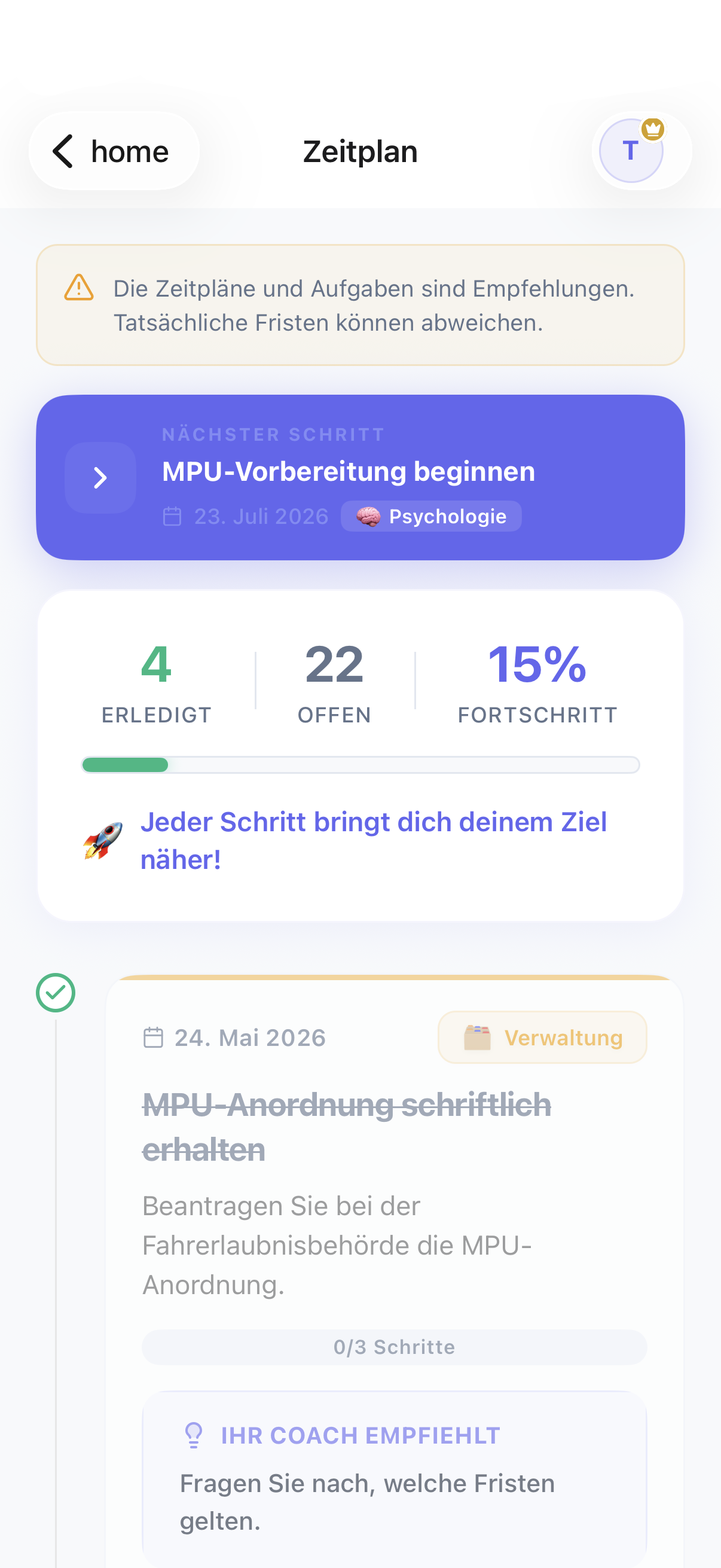 Persönlicher MPU-Fahrplan mit datierten Meilensteinen wie Haaranalyse und Probeinterview