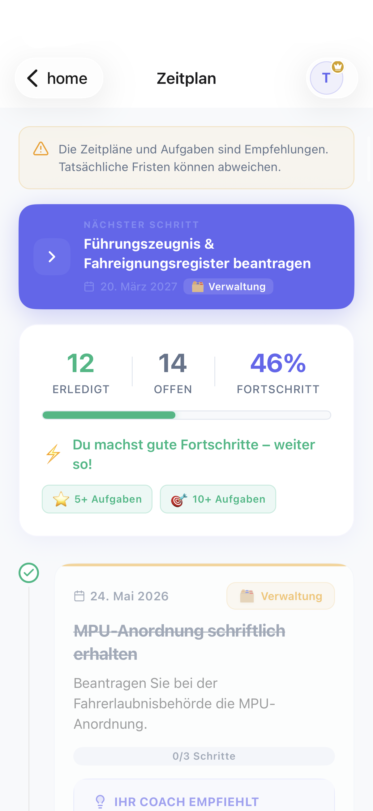Persönlicher MPU-Zeitplan mit datierten Meilensteinen